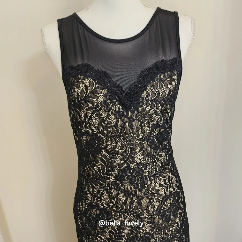 Formal Elegant Black Cream Lace Backless Sheer Back Dress - Picture 4 of 12